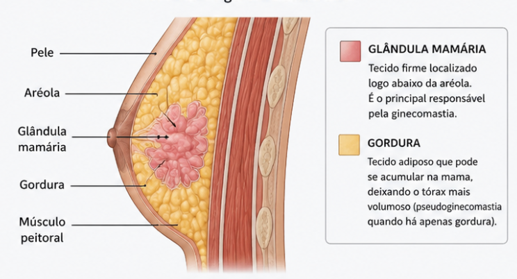 Esquema anatômico da mama masculina mostrando glândula mamária e gordura